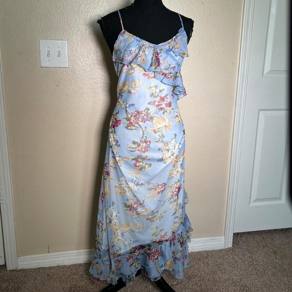 Y2K Light Blue Floral Layered Ruffle Maxi Dress Vintage Cottagecore XL L